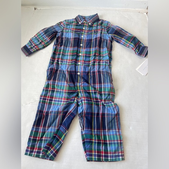 Polo Ralph Lauren Size 12 Mo Baby Boys Stretch Plaid Coverall Navy/Red Multi NWT - Picture 1 of 5